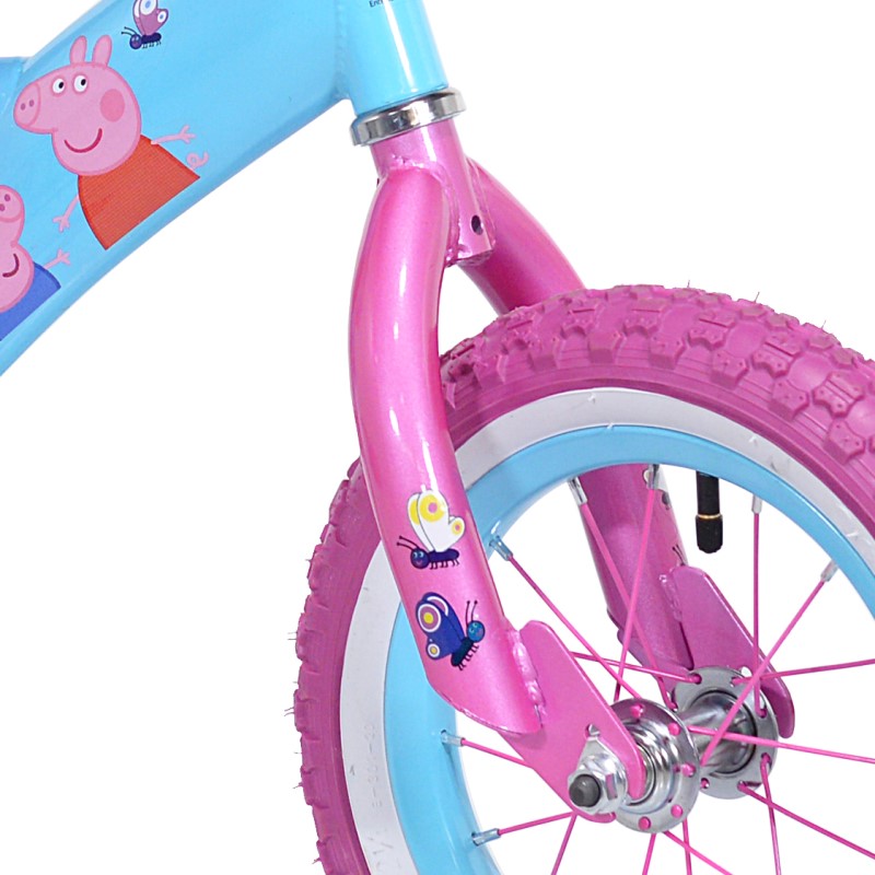 Vélo 12' Peppa Pig équipé de 1 Frein, Panier Avant, Porte poupée arrière, Garde boues, Carter et stabilisateurs, Rose Fushia Vélo 12' Peppa Pig équipé de 1 Frein, Panier Avant, Porte poupée arrière, Garde boues, Carter et stabilisateurs, Rose Fushia